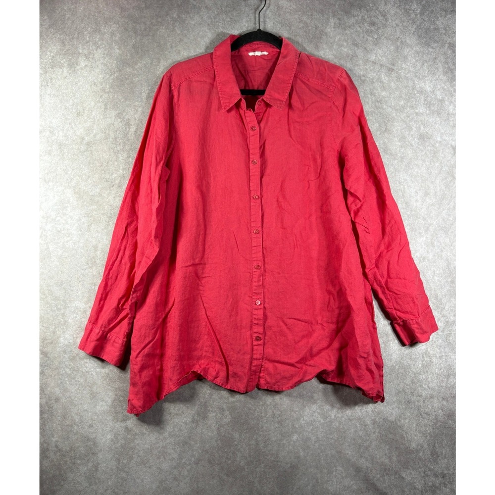 Eileen Fisher Shirt Womens L Red Organic Linen Button Down Sharkbite Hem Coastal